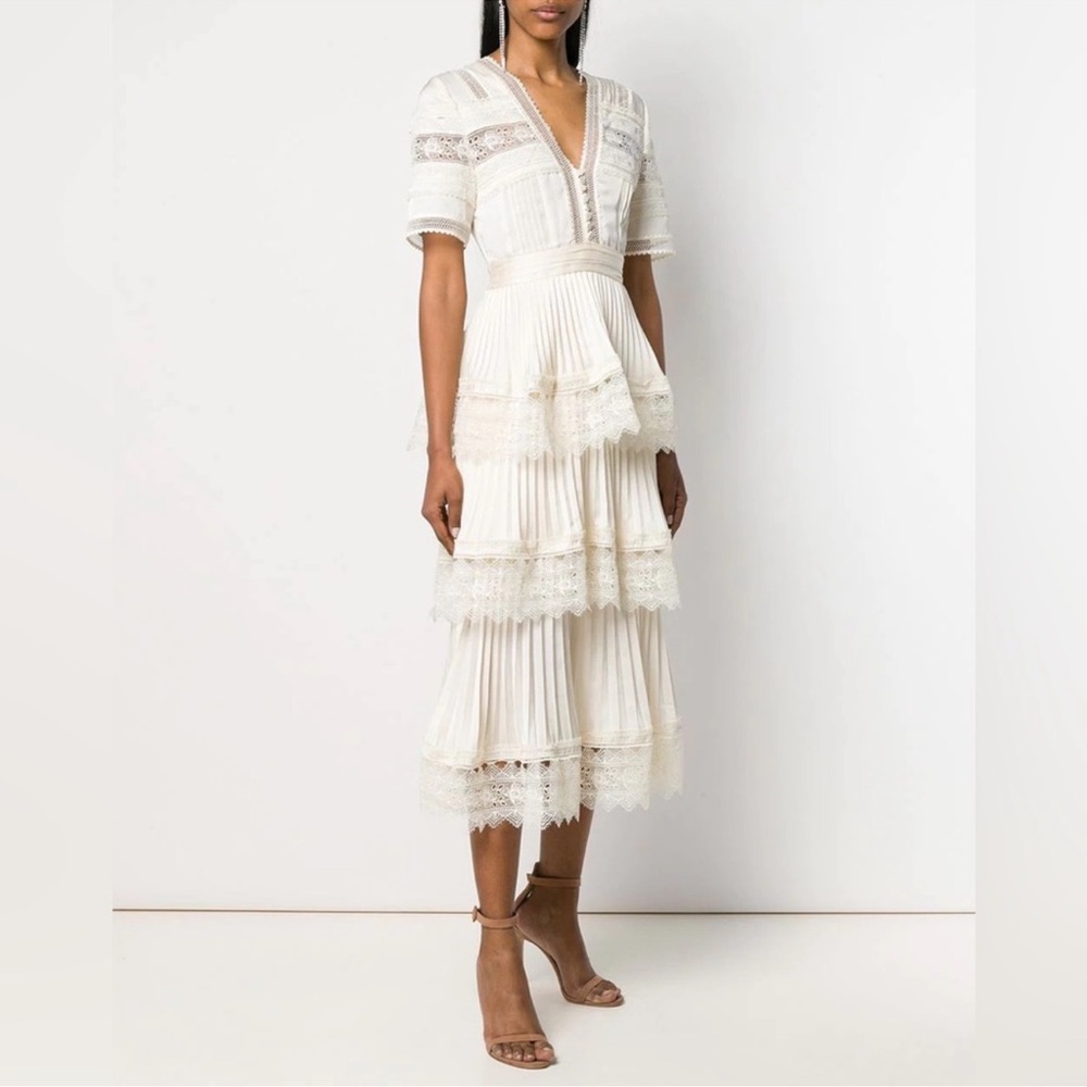 Self-Portrait Cream Tiered Midi Dress with Puff Sleeves